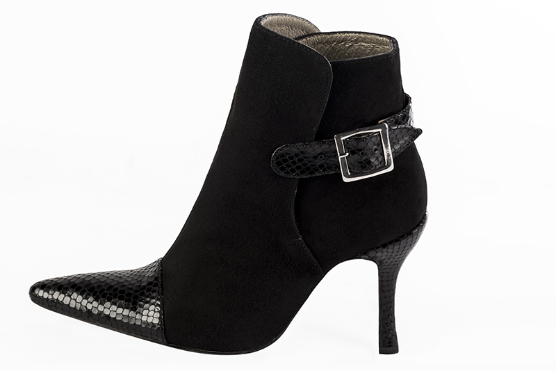 Women's satin black and matt black elegant ankle boots, with buckles at the back. Tapered toe. High spool heels - Profile view